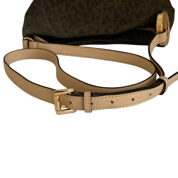 Michael Kors Brown Monogram Crossbody Bag with Gold MK Logo Ring Accent - Picture 12 of 14